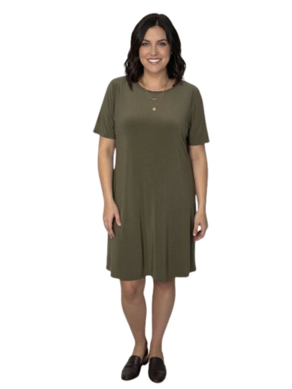Sympli Trapeze Dress Short Sleeve Size 14 NWT Olive Green Knit Stretch Mod